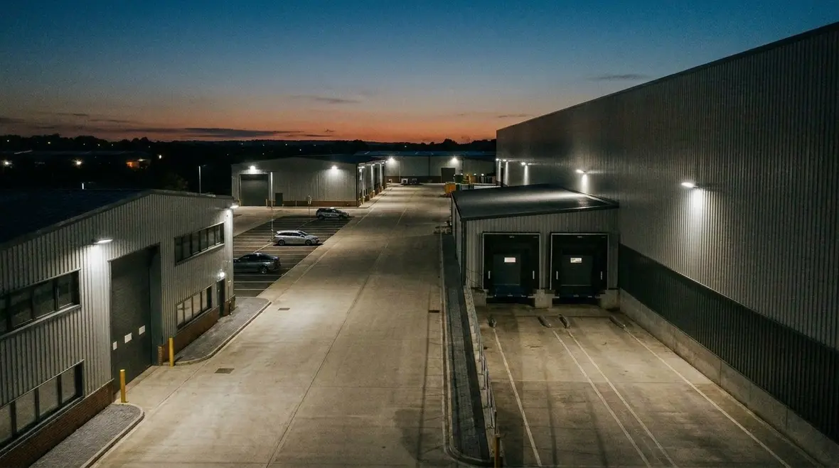 Exterior commercial building with security-focused outdoor lighting design