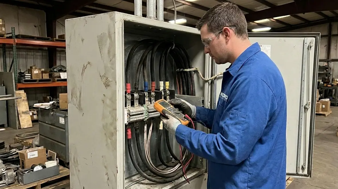 Technicians inspecting warehouse electrical equipment for reliability