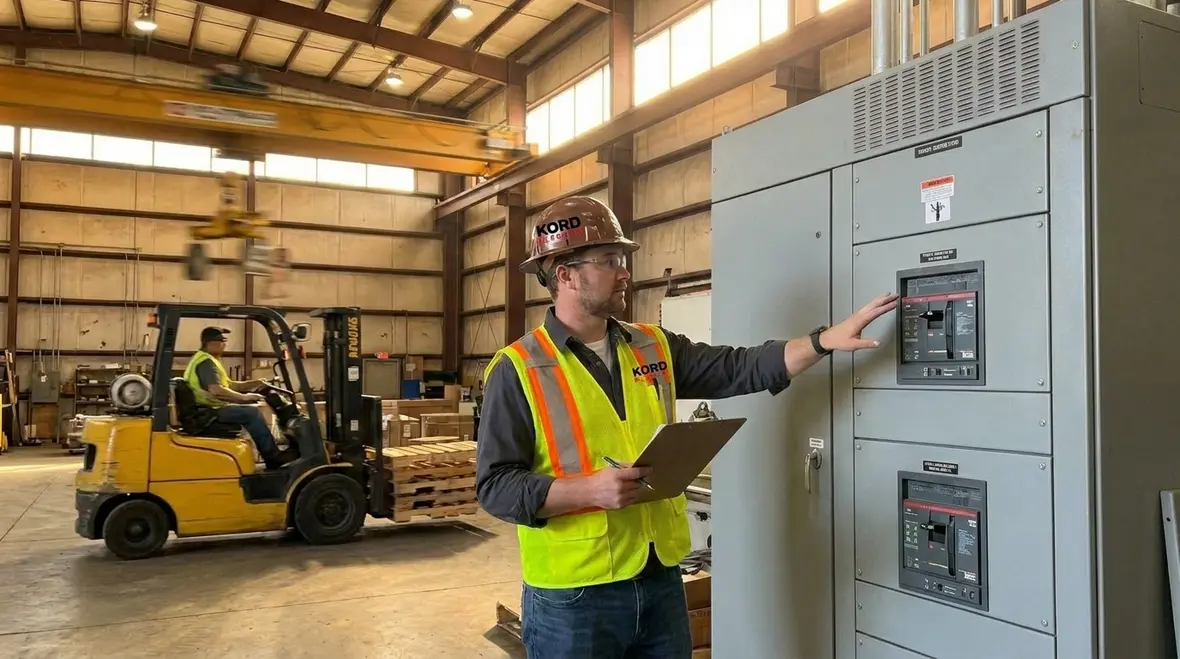 Technician inspecting warehouse electrical distribution panel