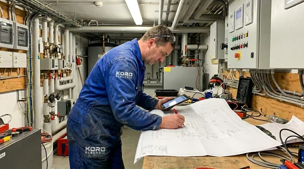 Electrical technician inspecting commercial switchgear and distribution equipment