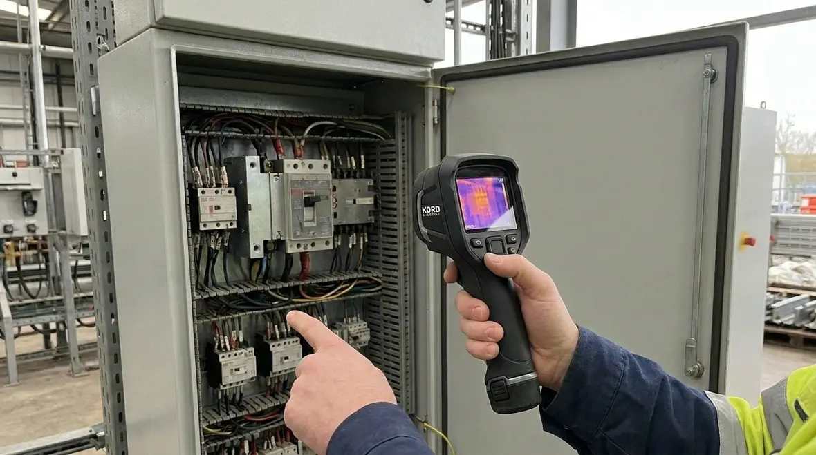 Electrical distribution equipment with infrared-identified hotspots marked for maintenance