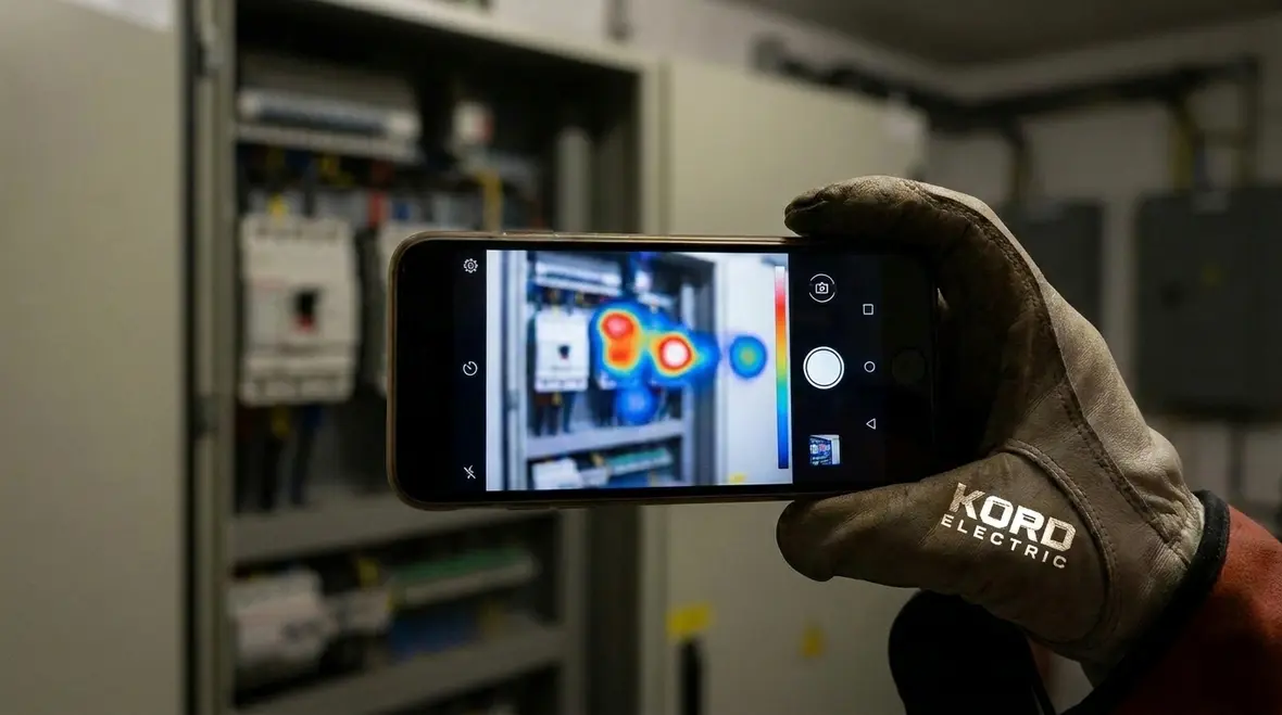 Technician performing preventative infrared thermography testing on electrical switchgear