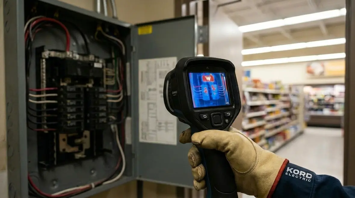 Technician performing preventative electrical maintenance checklist for retail