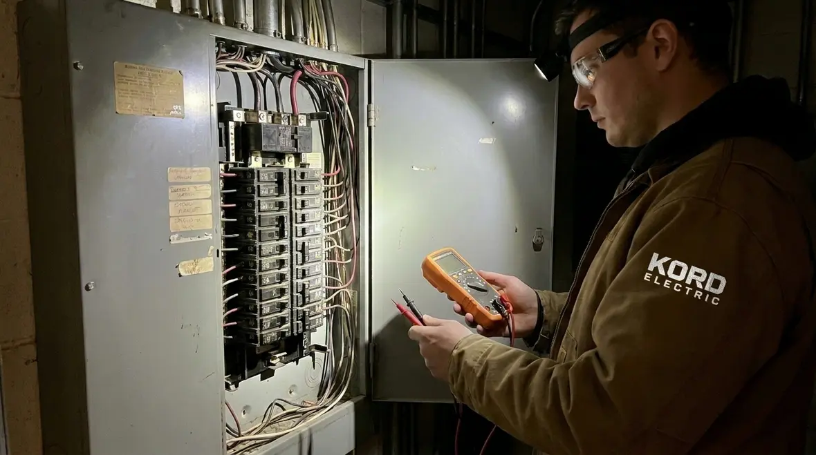 Technician performing preventative maintenance inspection on electrical equipment