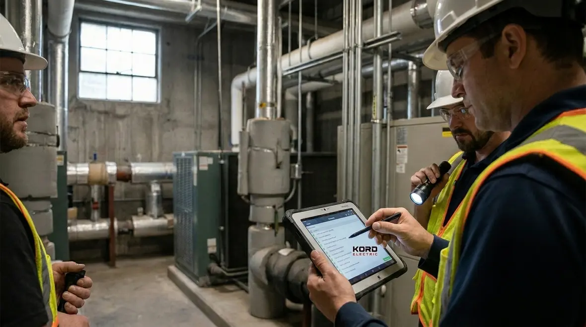 Electrician reviewing preventative maintenance schedules for a commercial facility
