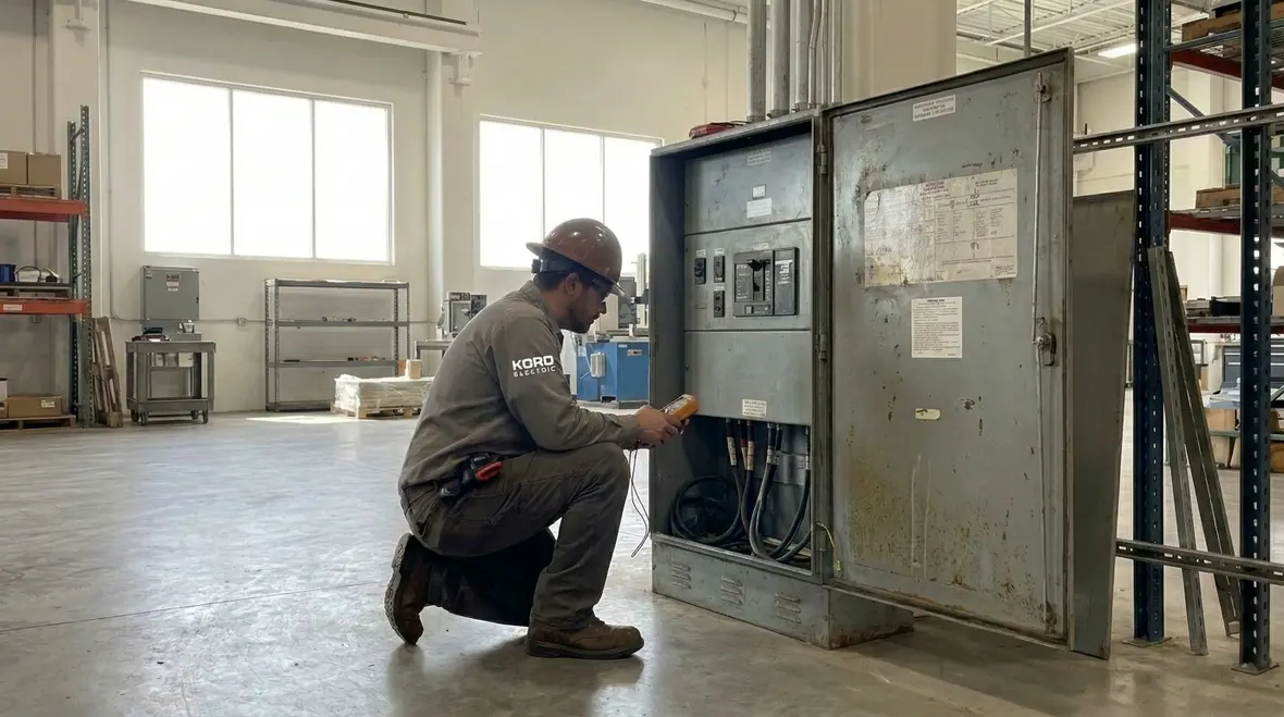 Technician inspecting commercial electrical panels to prevent fires