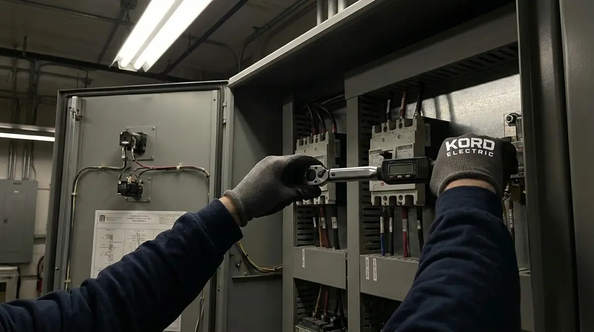 Technician checking hidden electrical risks inside a commercial panel
