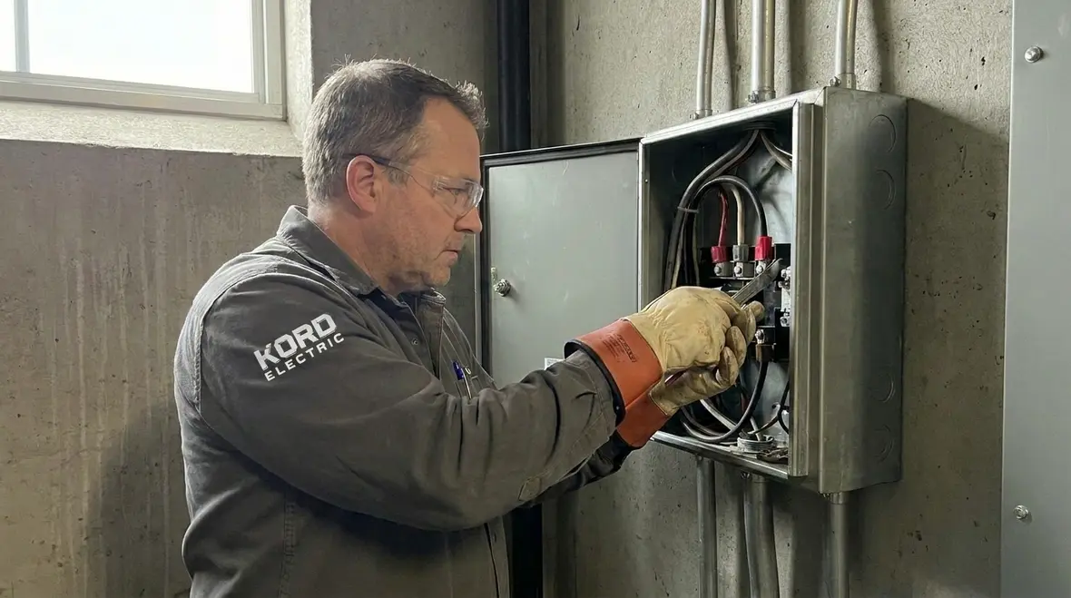 Commercial electrician inspecting panels to prevent electrical fires