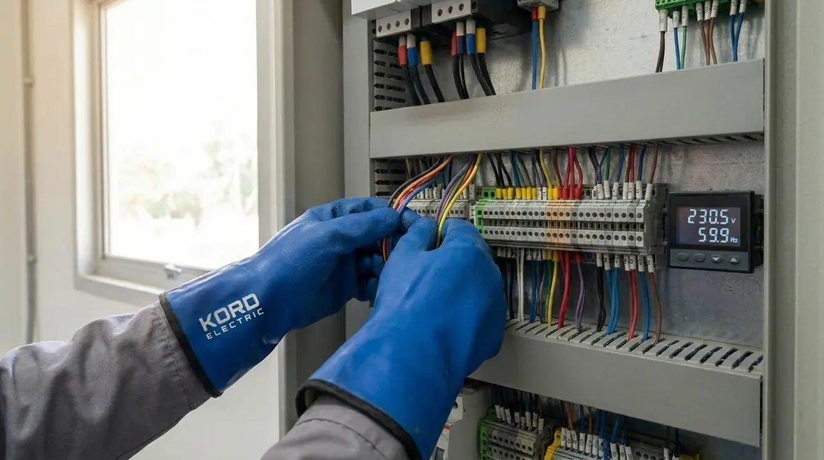 Technician reviewing commercial electrical panel for surge protection design