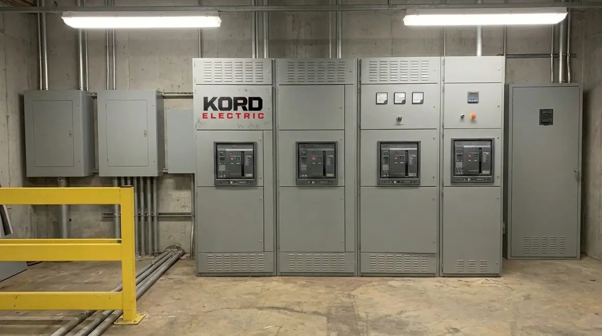 Electrician installing layered surge protection devices in commercial switchgear