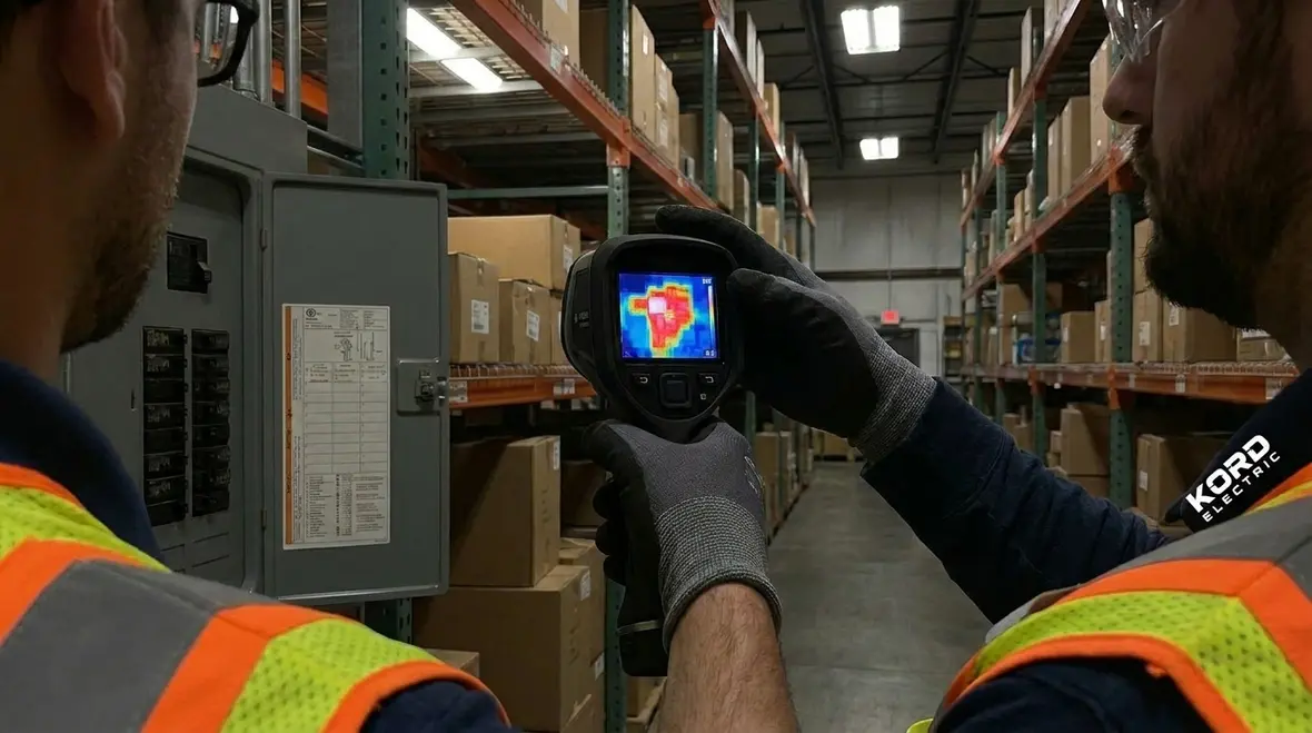 Infrared thermal testing on warehouse electrical systems to prevent fires