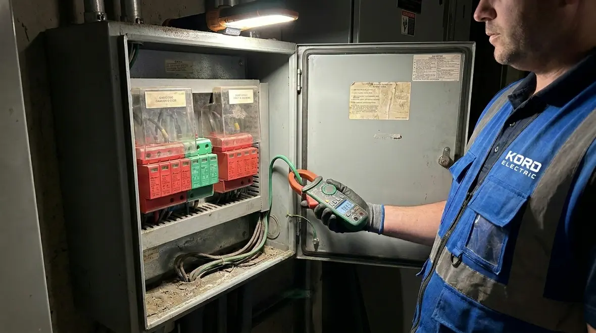 Technician performing preventive electrical maintenance on commercial panels