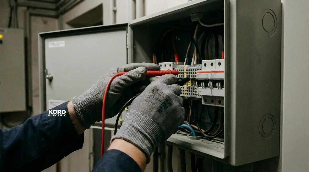 Technicians checking insulation, grounding, and distribution equipment during electrical testing