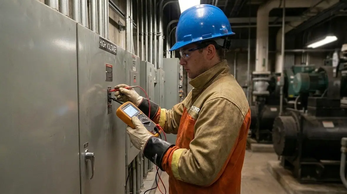 Electrician performing scheduled electrical testing for commercial compliance