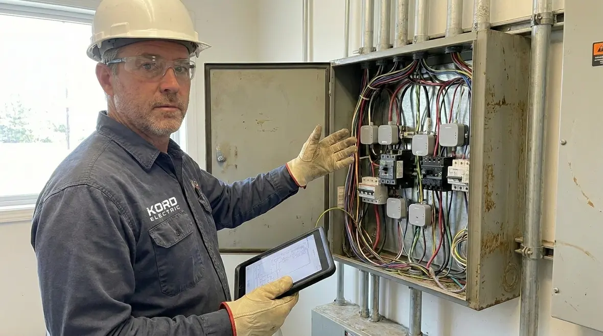 Technician integrating smart building controls with commercial power systems