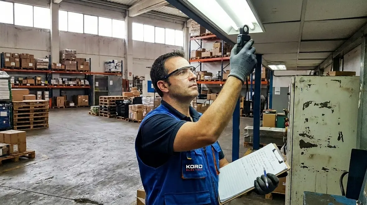 Technician reviewing smart lighting ROI analysis on a tablet in a commercial building