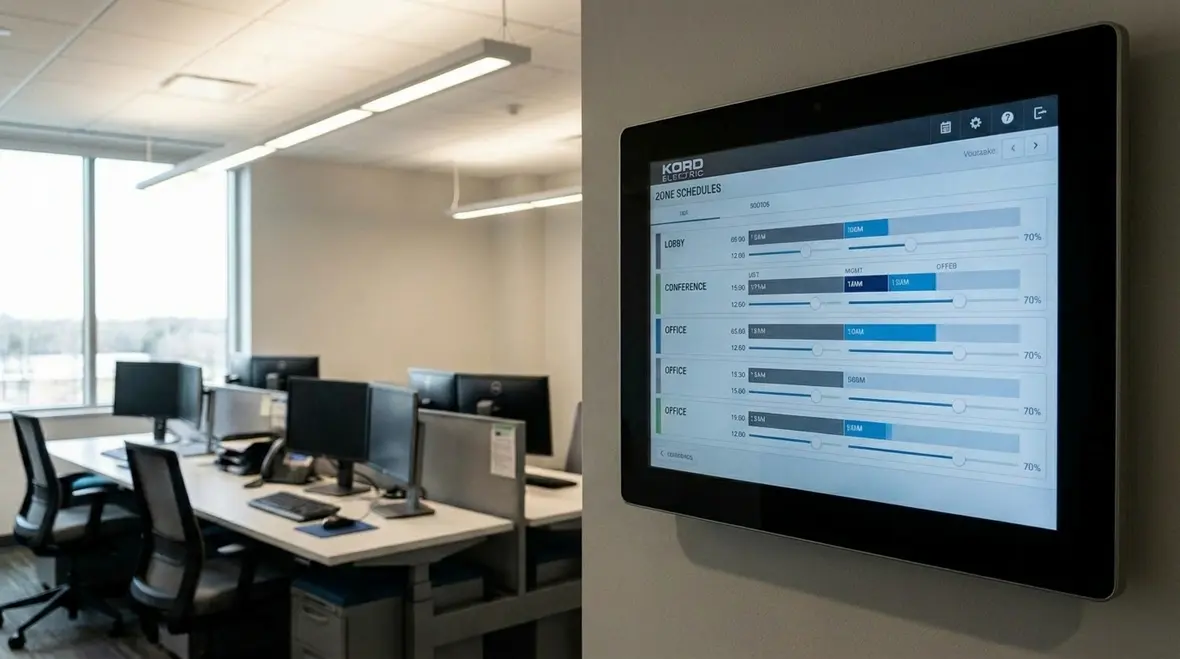 Technician configuring commercial smart lighting control systems for better ROI