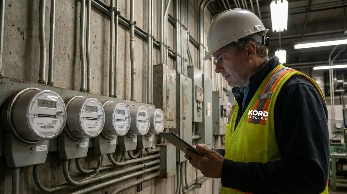 Technician performing smart meter installation in a commercial electrical room