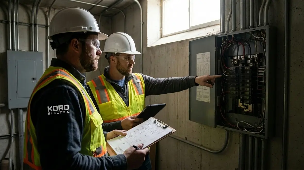 Technician performing electrical safety checks on a commercial subpanel