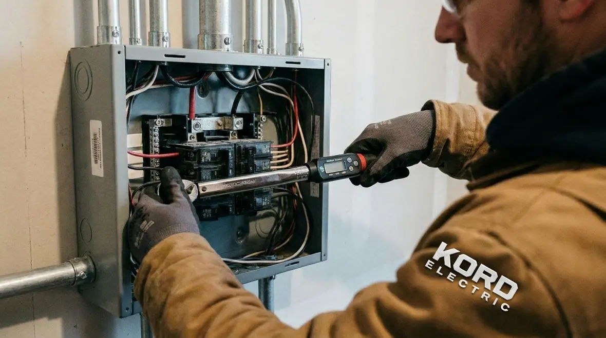Electrician performing commercial subpanel installation using best practices