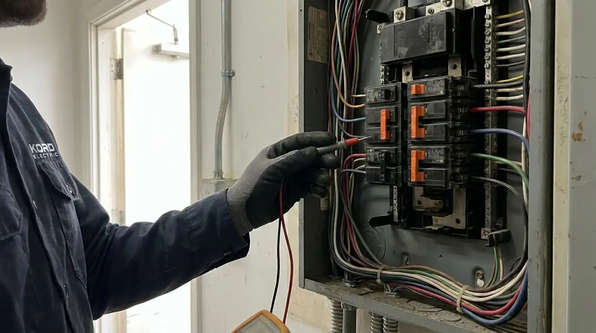 Technician inspecting a commercial circuit breaker panel after a trip event