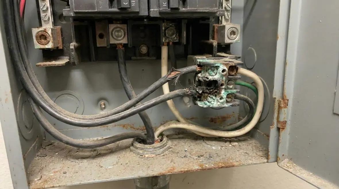 Close up of commercial breaker with signs of heat damage from a short circuit or ground fault