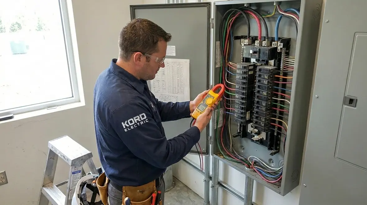 Electrician troubleshooting commercial circuit breakers in a commercial panel