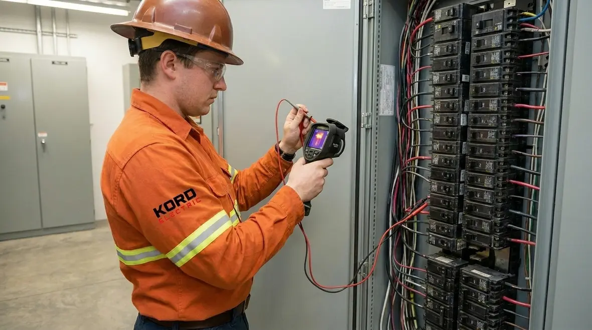Technician troubleshooting commercial electrical circuits in a large facility