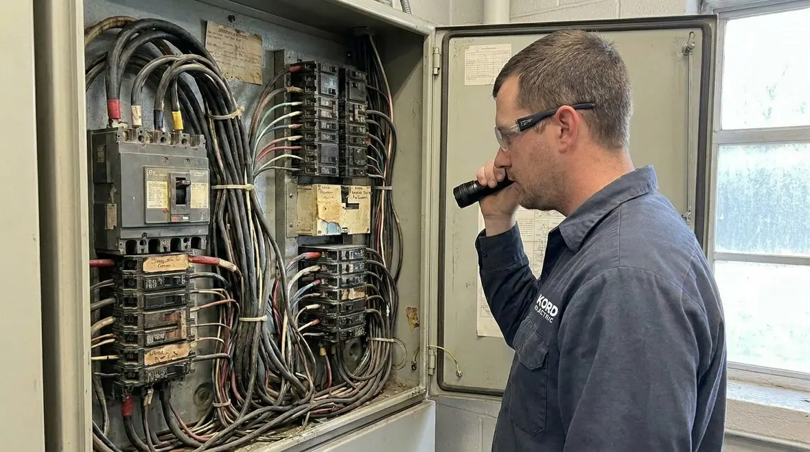 Preventive electrical maintenance being performed on commercial lighting panels