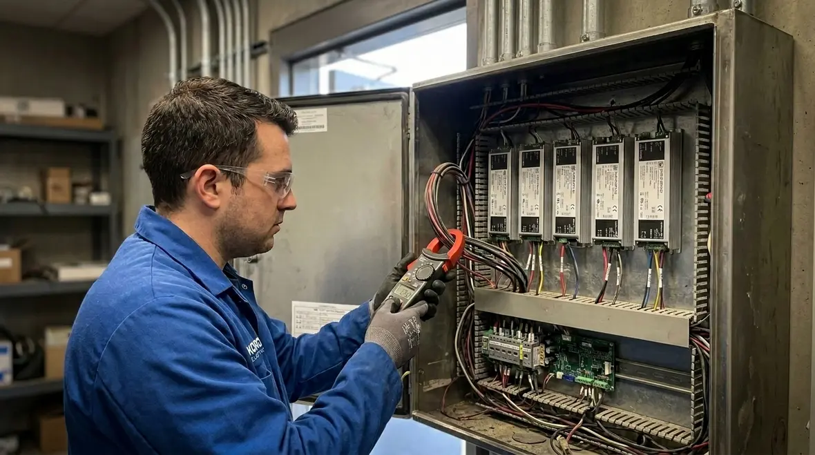 Technician using test equipment to log commercial electrical flicker data