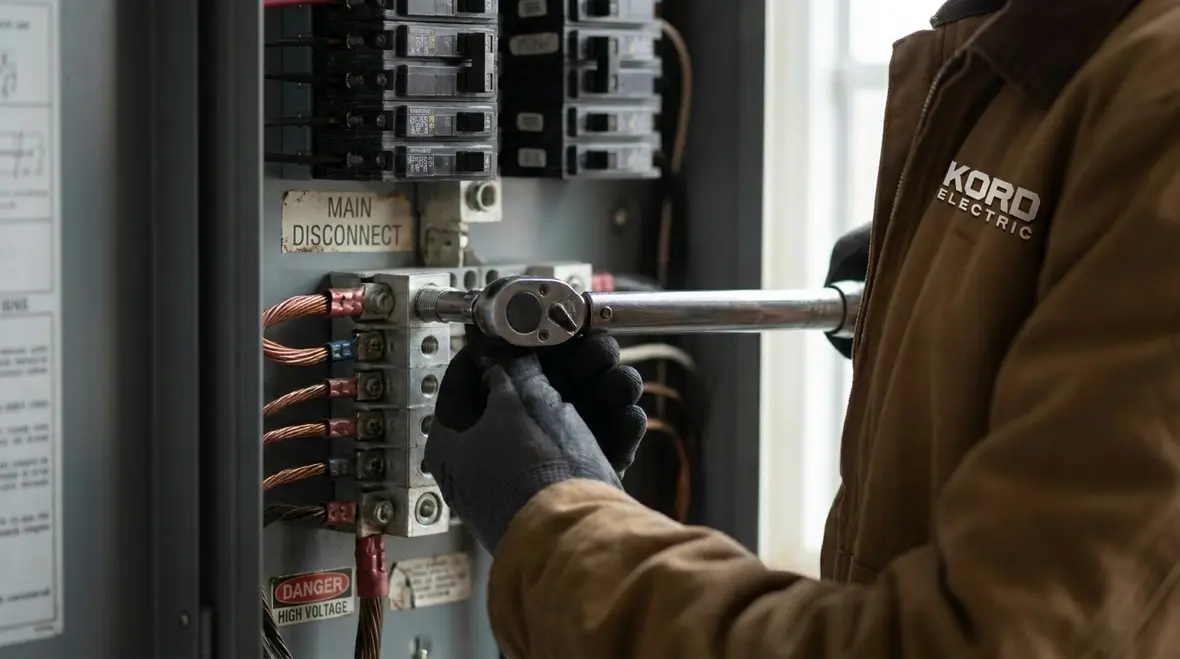 Technician troubleshooting commercial electrical panel issues in a commercial building