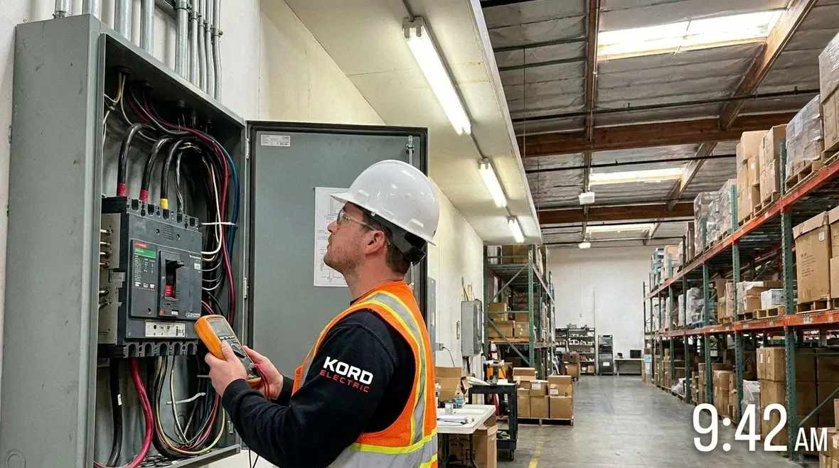 Technician inspecting electrical panels for commercial lighting flicker issues