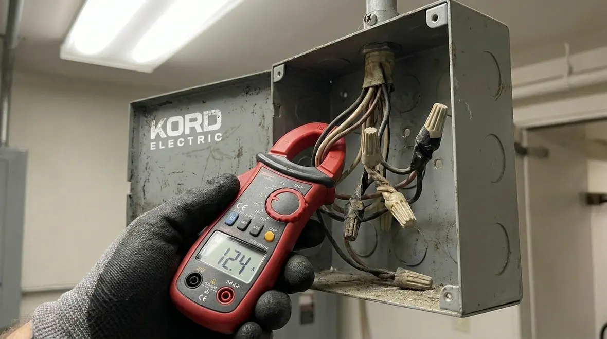 Electrician troubleshooting flickering commercial lights in a commercial facility