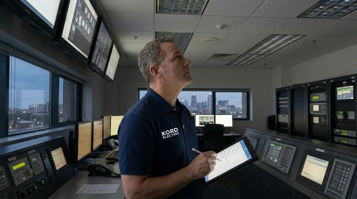 Commercial electrical technicians diagnosing intermittent power loss in a building