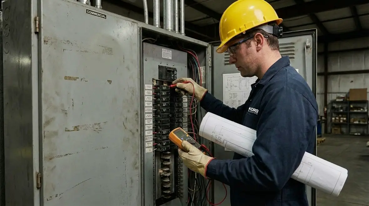 Electrician reviewing commercial electrical infrastructure upgrades for workplace safety
