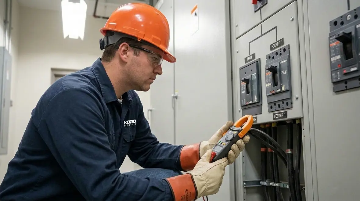 Technician reviewing warehouse electrical system upgrades in a commercial facility