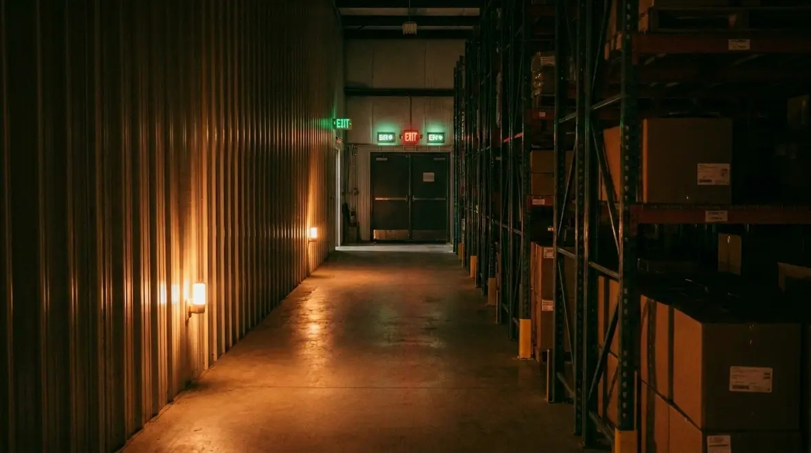 Warehouse emergency lighting layout with clear egress paths