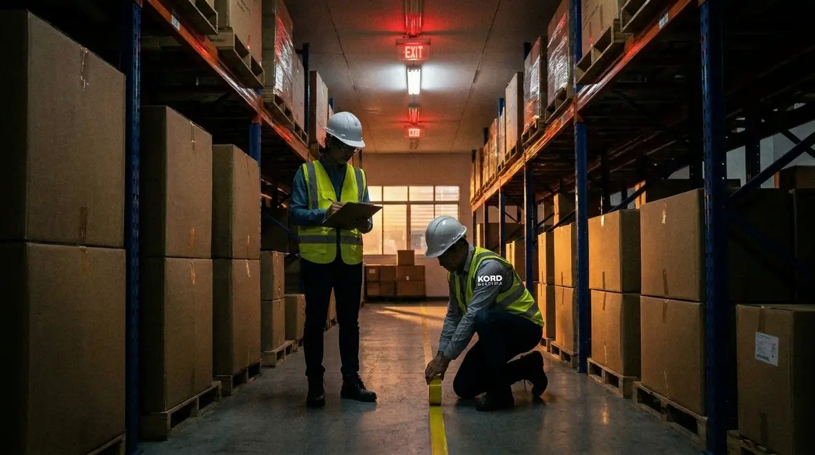 Technician reviewing warehouse emergency lighting egress routes
