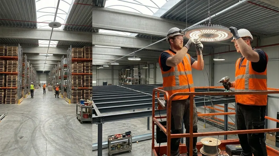 Bright warehouse after LED lighting upgrade showing improved ROI