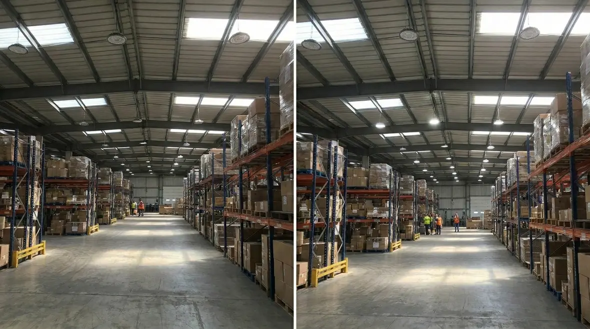 Modern warehouse lighting automation system running over aisles