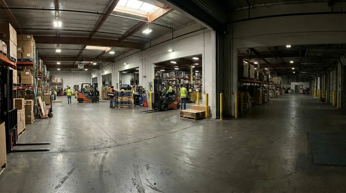 Technicians performing a warehouse lighting controls retrofit