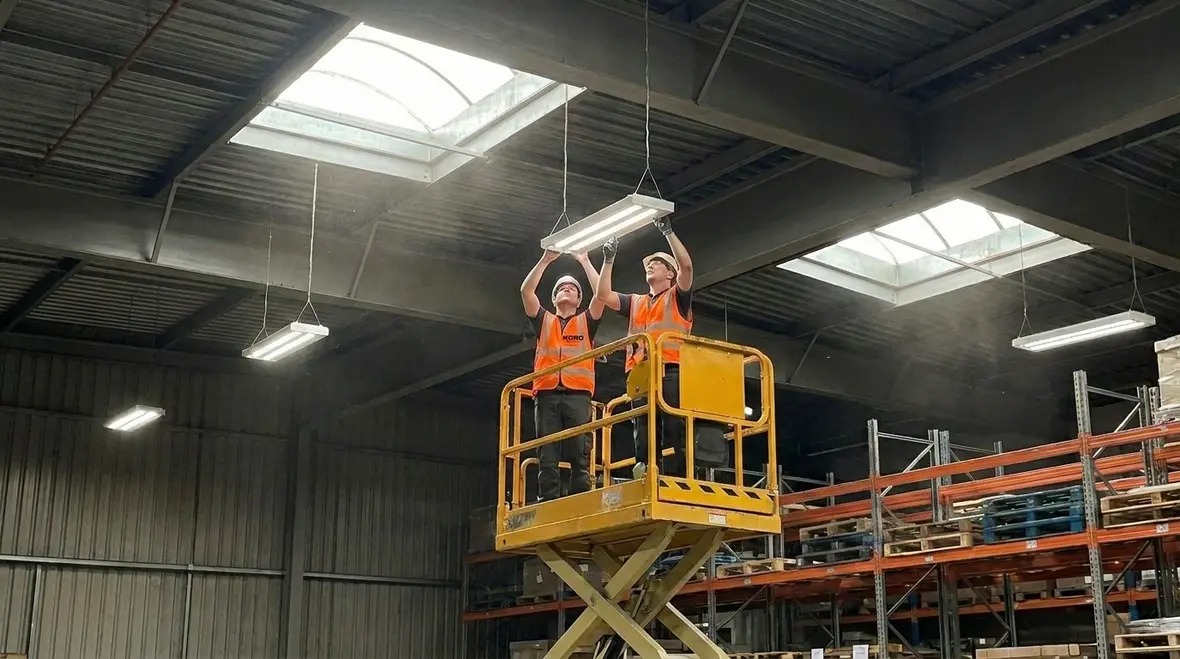 Technicians reviewing warehouse lighting efficiency optimization layout