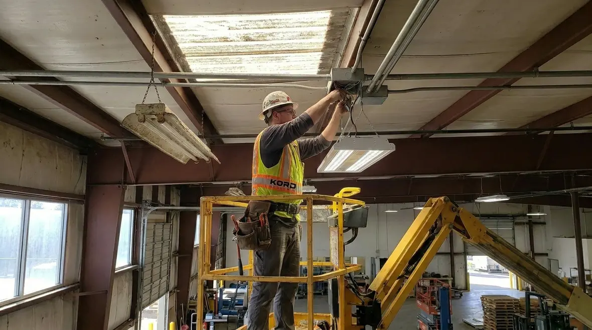 New high-bay LED fixtures installed in an efficient warehouse layout