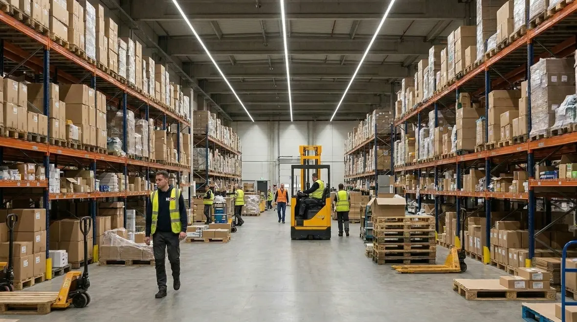 Warehouse workers operating safely under bright, even energy-efficient lighting