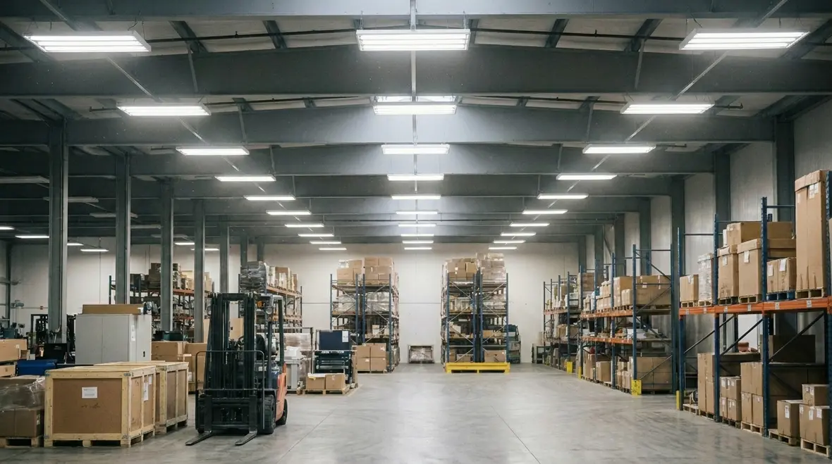 High-efficiency warehouse lighting layout with racking and clear aisles
