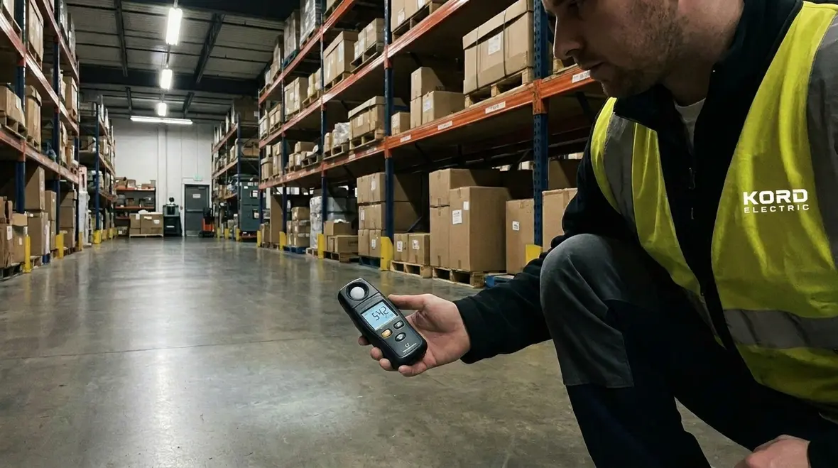 Technician performing a detailed warehouse lighting audit for energy efficiency