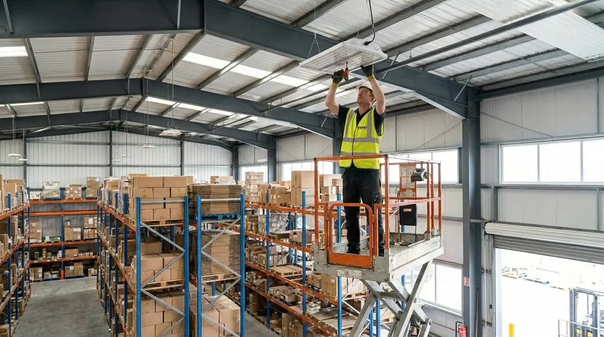 LED high bay fixtures in optimized warehouse lighting design