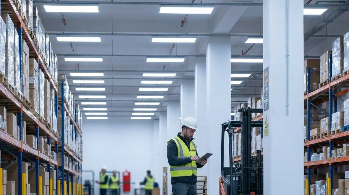 Warehouse with smart lighting controls across racks and aisles