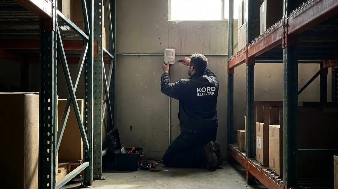 Technician adjusting smart lighting controls for warehouse safety zones
