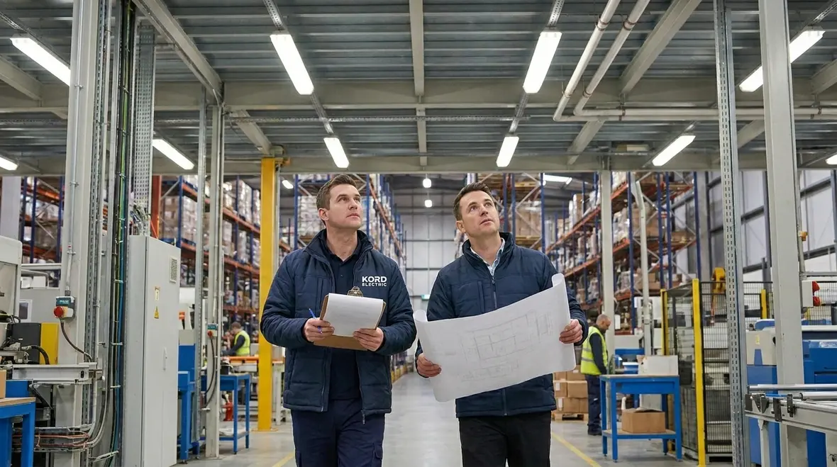 Technicians configuring warehouse smart lighting controls
